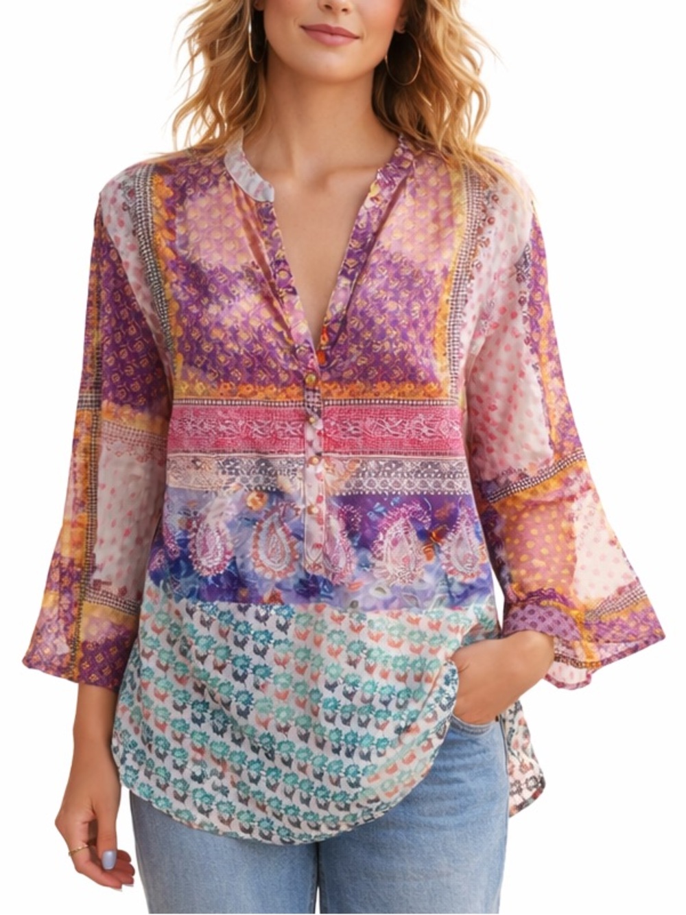 100% cotton floral 1/2 Button Down Tunic